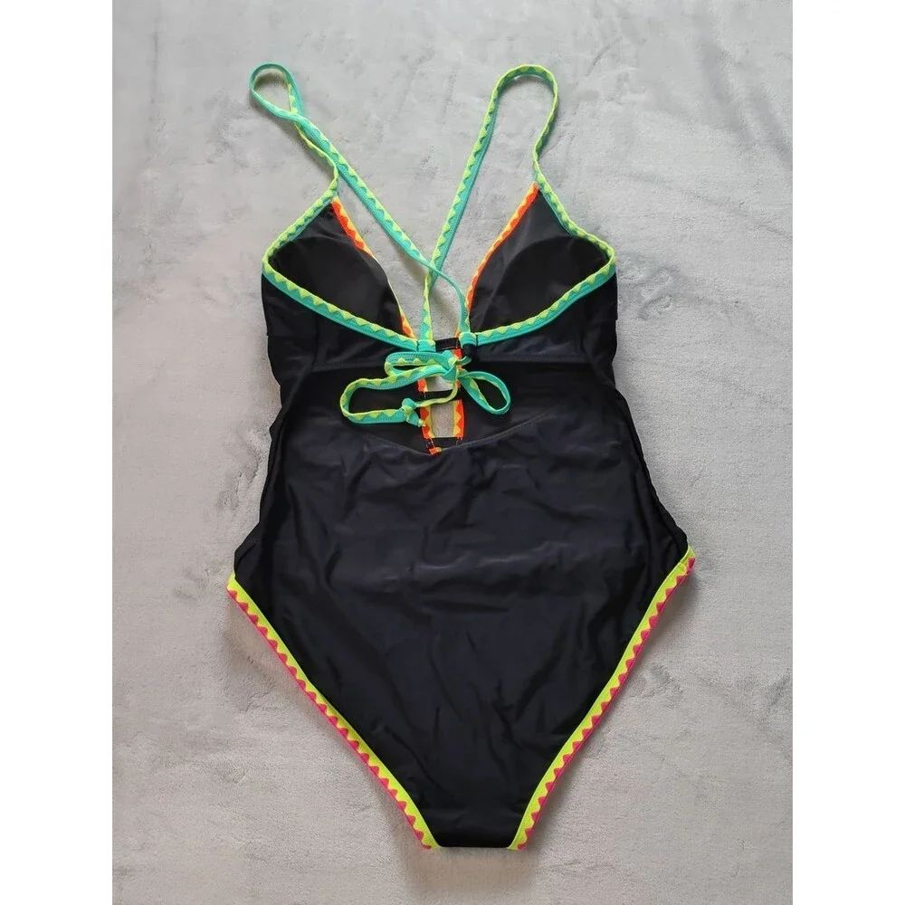 Popvil Black One Piece Tie Back Swimsuit with Multicolored Neon Trim Size XL New